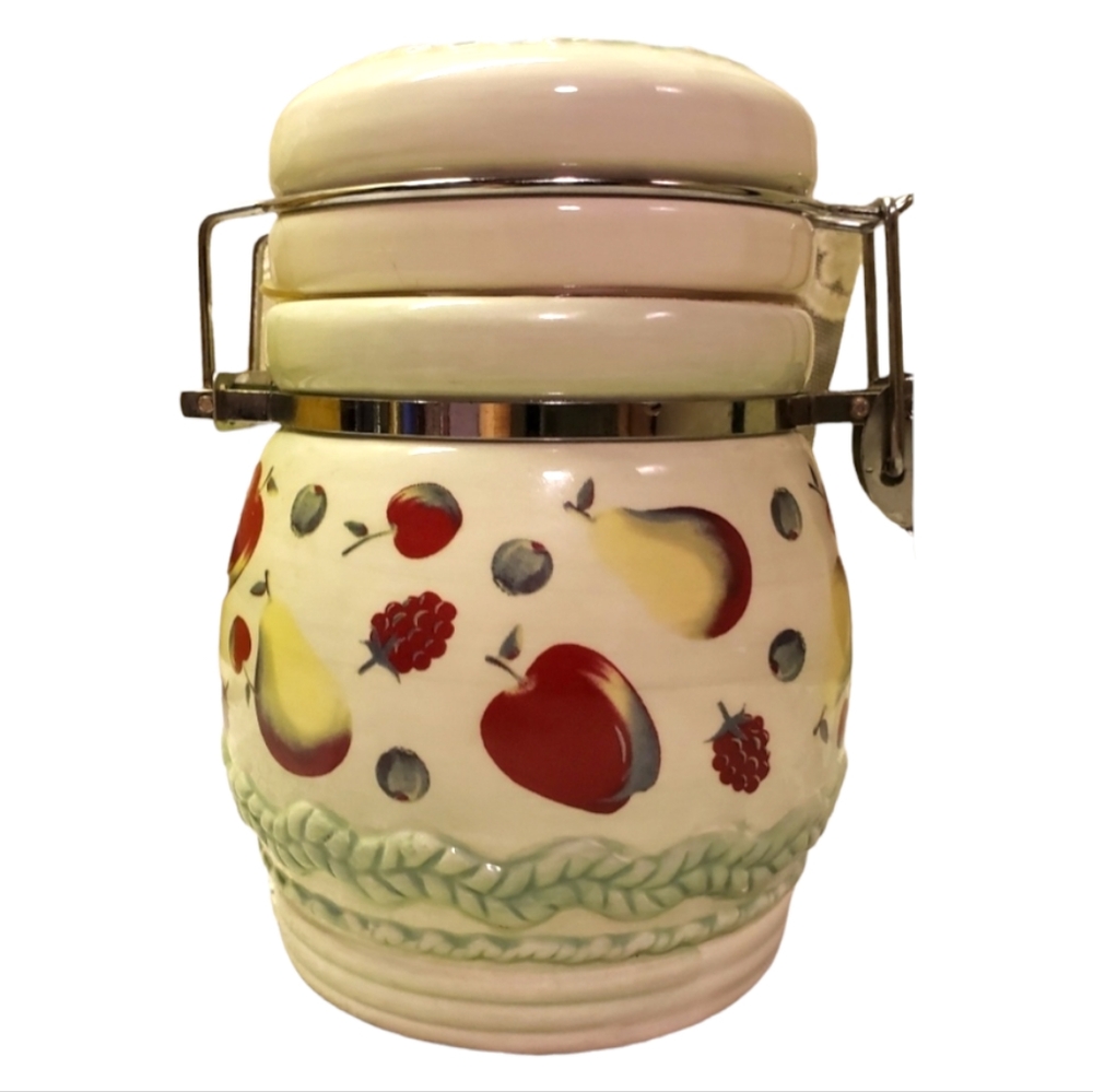 Vtg Hinged Sealing Ceramic Canister Fruit & Leaves